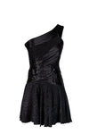 Flared-Skirt Lace Trim One Shoulder Hidden Back Zipper Pleated Little Black Dress