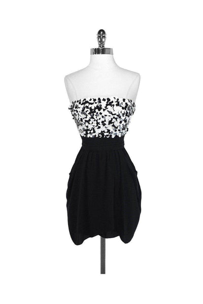 Strapless Dots Print Pocketed Ruched Sequined Dress