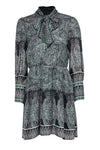 V-neck Fit-and-Flare Paisley Print Gathered Back Zipper Fitted Fall Long Sleeves Elasticized Waistline Dress