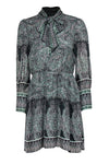 V-neck Fitted Gathered Back Zipper Fall Long Sleeves Fit-and-Flare Elasticized Waistline Paisley Print Dress