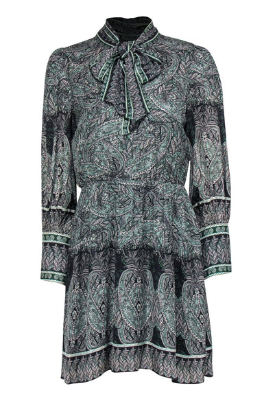 V-neck Long Sleeves Paisley Print Elasticized Waistline Fit-and-Flare Fitted Back Zipper Gathered Fall Dress