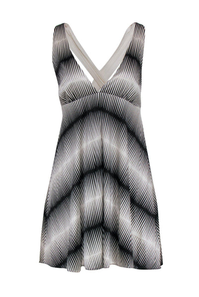 V-neck Elasticized Empire Waistline Silk Gathered Geometric Print Dress