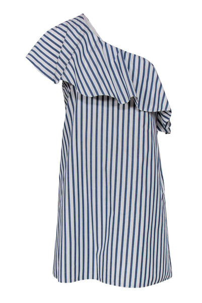 Striped Print One Shoulder Sleeveless Hidden Side Zipper Shift Summer Beach Dress With Ruffles