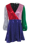 V-neck Short Wrap Sequined Colorblocking Party Dress