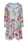 Button Closure Button Front Fitted Tiered Long Sleeves Collared Fit-and-Flare Short Floral Print Dress