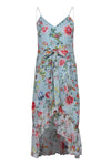 V-neck Ruffle Trim Floral Print Back Zipper Draped Sleeveless Spaghetti Strap Wedding Dress/Midi Dress