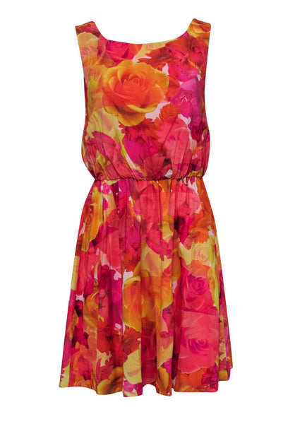 Floral Print Sleeveless Back Zipper Round Neck Elasticized Waistline Dress