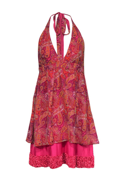 Sequined Halter Paisley Print Dress