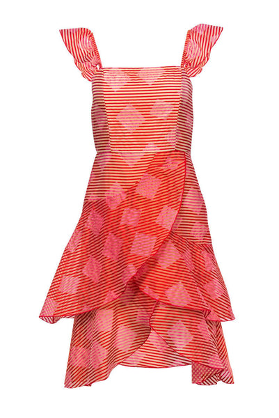 A-line Striped Geometric Print Semi Sheer Cocktail Square Neck Dress With Ruffles