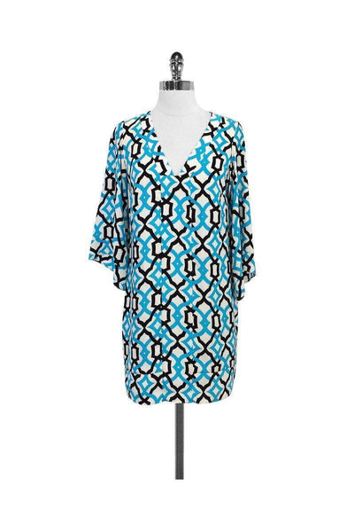 V-neck Geometric Print Bell Sleeves Silk Dress