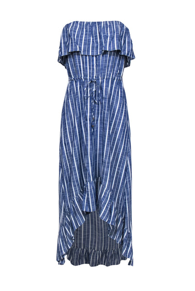 Strapless Flowy Tiered High-Low-Hem Viscose Summer Elasticized Waistline Striped Print Maxi Dress