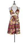 Ruched Open-Back Halter Short Paisley Print Silk Elasticized Empire Waistline Dress