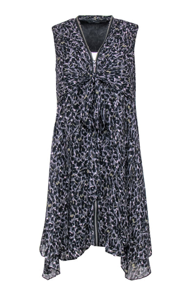 V-neck Animal Leopard Print Front Zipper Shift Viscose Dress With a Sash