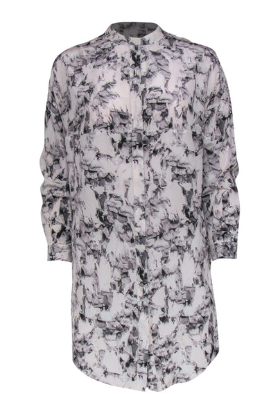High-Neck Spring Floral Print Silk Long Sleeves Button Front Shirt Dress