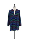 Sophisticated V-neck Long Sleeves Slit Silk Zig Zag Print Tunic