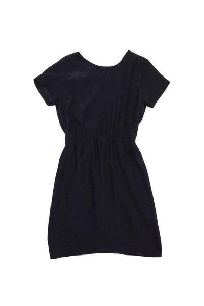 V-neck Snap Closure Slit Pleated Short Sleeves Sleeves Silk Elasticized Waistline Dress