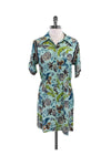 General Print Elasticized Waistline Collared Button Front Shirt Dress