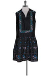 V-neck Collared Floral Print Above the Knee Embroidered Hidden Side Zipper Pleated Dropped Waistline Polyester Dress