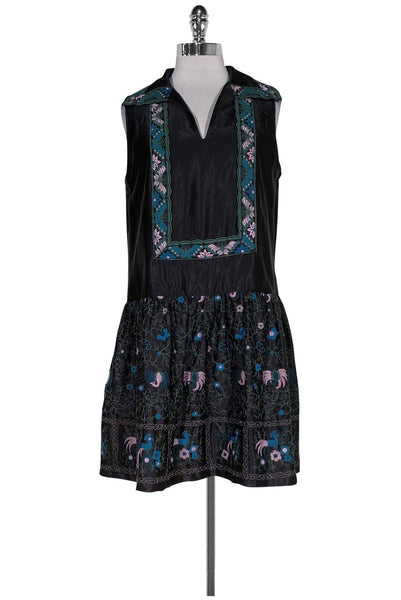 V-neck Polyester Dropped Waistline Above the Knee Collared Pleated Hidden Side Zipper Embroidered Floral Print Dress