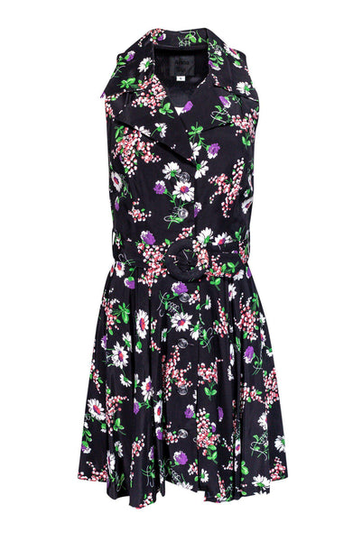 Collared Button Front Belted Rayon Tie Waist Waistline Sleeveless Floral Print Dress