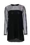 Striped Print Round Neck Cutout Mesh Long Sleeves Tunic