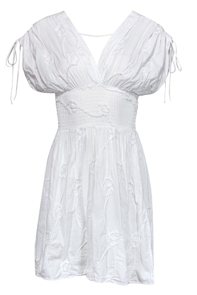 V-neck Lace-Up Smocked Short Sleeves Sleeves Summer Floral Print Elasticized Waistline Dress