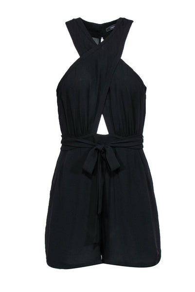 Sexy Short Tie Waist Waistline Sleeveless Belted Hidden Back Zipper Pocketed Button Closure High-Neck Polyester Romper