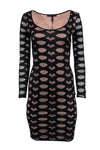 Embroidered Hidden Side Zipper Mesh Sheer Cocktail Scoop Neck Sheer Long Sleeves Bodycon Dress