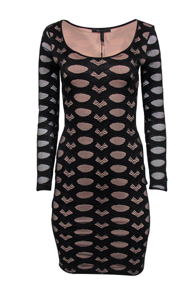 Sheer Long Sleeves Cocktail Scoop Neck Mesh Sheer Hidden Side Zipper Embroidered Bodycon Dress