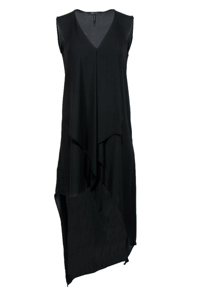V-neck Polyester High-Low-Hem Draped Sleeveless Little Black Dress/Midi Dress