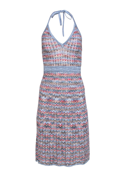 V-neck Ribbed Fitted Halter Chevron Print Summer Dress