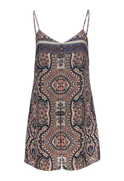 Summer Draped Button Front Short Paisley Print Polyester Slip Dress/Romper