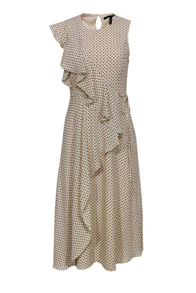 Faux Wrap Hidden Side Zipper Cutout Sleeveless Scoop Neck Spring Floral Polka Dots Print Midi Dress With Ruffles