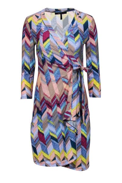 3/4 Sleeves Wrap Self Tie Chevron Print Dress