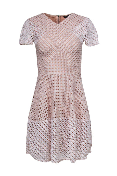 NBD Peach Cotton Tiered Ruffle Eyelet Mini Dress w White Trim