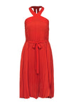 Polyester Tie Waist Waistline Cutout Racerback Pleated Hidden Back Zipper Belted Sleeveless Cocktail Party Dress/Midi Dress