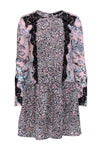 Dropped Waistline Floral Print Lace Trim Long Sleeves Spring Round Neck Hidden Back Zipper Dress