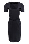 Sexy Short Scoop Neck Elasticized Waistline Sheath Belted Hidden Side Zipper Puff Sleeves Sleeves Sheath Dress