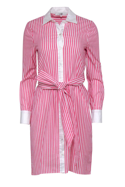 Summer Long Sleeves Tie Waist Waistline Striped Print Collared Cotton Button Front Belted Dress