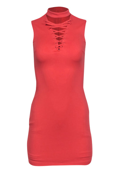 Sexy Mock Neck Plunging Neck Lace-Up Cutout Bodycon Dress