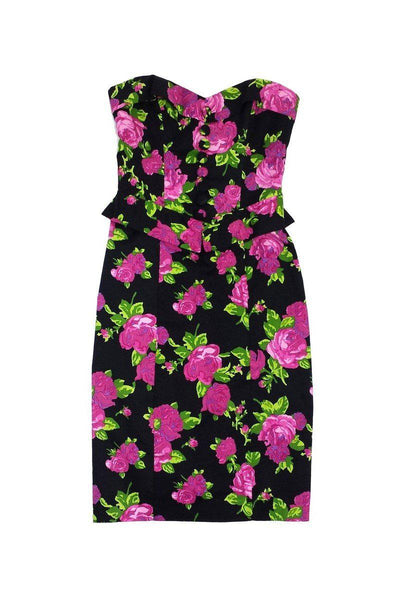 Strapless Peplum Hidden Side Zipper Floral Print Dress