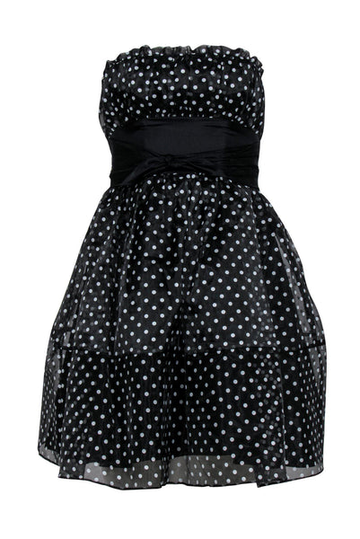 Strapless Fit-and-Flare Fitted Hidden Back Zipper Straight Neck Polka Dots Print Little Black Dress/Prom Dress With a Sash