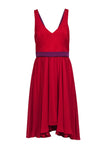 A-line V-neck Contrast Trim Hidden Back Zipper Flowy Fitted Sleeveless Cocktail High-Low-Hem Dress