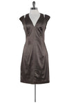 V-neck Fitted Cutout Hidden Back Zipper Slit Cocktail Above the Knee Satin Cap Sleeves Dress