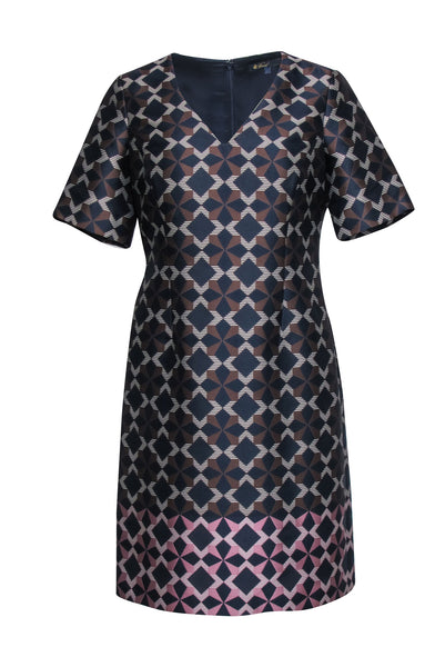 V-neck Short Sleeves Sleeves Shift Geometric Print Jacquard Hidden Back Zipper Dress