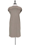 Sheath Round Neck Ruched Beaded Jeweled Button Closure Cap Sleeves Sheath Dress