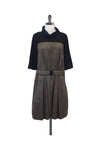 3/4 Sleeves Pleated Belted Colorblocking Dress