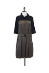 3/4 Sleeves Belted Colorblocking Pleated Dress