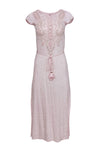 Belted Sequined Button Closure Slit Embroidered Round Neck Cap Sleeves Tie Waist Waistline Linen Maxi Dress