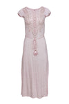 Linen Cap Sleeves Round Neck Tie Waist Waistline Belted Embroidered Sequined Slit Button Closure Maxi Dress